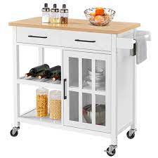 This mobile kitchen island sits on 4 caster wheels that offer effortless maneuverability. Yaheetech Mobile Kitchen Island Kitchen Cart With Bamboo Top And Storage Tempered Glass Cabinet Door White Walmart Com Walmart Com