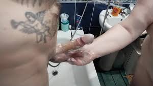 mother-in-law shaves my dick and balls in the bathroom and then jerks off  to a cumshot