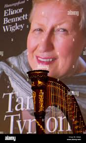 Screen background and harp at the launch of Tannau Tynion, Elinor Bennet  Wigley's autobiography, at the Drwm, NLW Stock Photo
