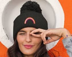 Lesbian Pride Flag Beanie Hat: Embroidered Rainbow Pom Pom