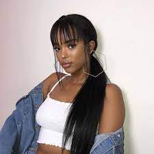 Sleek ponytail with thick bangs. How To Do High Ponytail With Bangs For Black Hair Natural Girl Wigs