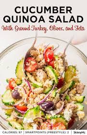 Cucumber Quinoa Salad With Ground Turkey Olives Feta Recipe Summer Salad Recipes Cucumber Quinoa Salad Summer Salads