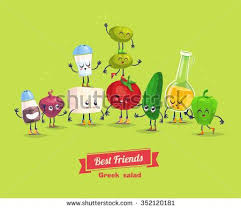 Greek Salad Cute And Funny Cartoon Vegetable Characters With Olive Oil Best Friends Set Vector Stock Illustration