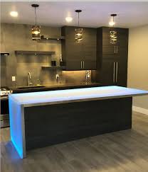 Inspirational Glass Island Countertop And Waterfall With Frosted Ice Look Made Of White Onyx Glass 1 1 2 Wi Island Countertops Glass Design Glass Kitchen