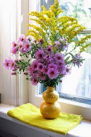 Windowsill Arranging Goldenrod And Pink Asters Goldenrod Flower Flower Arrangements Beautiful Flowers