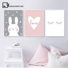 Baby Nursery Wall Art Canvas Print Cartoon Rabbit Heart Poster Simple Painting Decorative Picture No Baby Room Paintings Baby Room Prints Baby Room Wall Decor