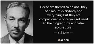 Accusations fit on a bumper sticker; E B White Quote Geese Are Friends To No One They Bad Mouth Everybody