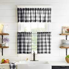 These durable curtains are trimmed with a beautiful bone color macrame lace. Farmhouse Living Buffalo Check Kitchen Window Collection Elrene Home Fashions