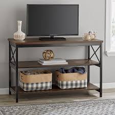 Mainstays 3 Shelf Tv Console Table For Most Tvs Up To 42 Sawcut Brown Walmart Com Tv Console Table Wooden Living Room Tv Console