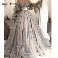 Silver Ball Gown Prom Dresses 2020 Flare Sleeve Sparkle Luxury Elegant Prom Gown Vestido De Festa Ball Gowns Prom Dresses Long With Sleeves Formal Dresses With Sleeves
