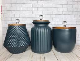 Set of 4 kitchen labels decal stickers , tea coffee sugar bread jar bin canister vinyl decals stickers for the kitchen. Contemporary Modern Geometric Textured Kitchen Canisters Navy Blue Anvil Gray Canister Set Modern Kitchen Canisters Kitchen Decor Modern Kitchen Canisters