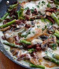 Easy Creamy Chicken Mushroom Asparagus Skillet Recipe Mushroom Chicken Recipes Stuffed Mushrooms
