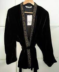 Zara AW20 Bead Embroidered Velvet Kimono Jacket XS S M L Black Gold | eBay
