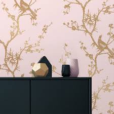 Burke décor's line also includes artistic wallpapers that can easily create a focal wall, or make a small space seem like a grand room. Tempaper Designs Bird Watching Rose Pink And Gold Removable Wallpaper Cr450 Bellacor