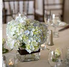 Square Glass Vases Filled With Light Blue Hydrangeas Echoed The Look Of The Bridesmaid B Blue Hydrangea Centerpieces Hydrangea Centerpiece Wedding Arrangements