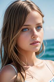 A close up of a young girl with blue eyes standing on the beach - SeaArt AI
