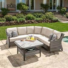 Marina 4 Piece Woven Sectional In 2020 Patio Sofa Set Patio Furniture Cushions Deck Furniture Layout