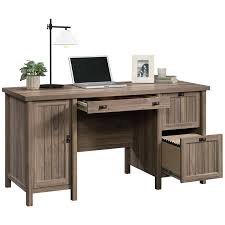 It also has two drawers with metal runners and safety stops and a lower drawer that holds letter or european size hanging files. Sauder Costa Engineered Wood 3 Drawers Computer Desk In Washed Walnut 428727