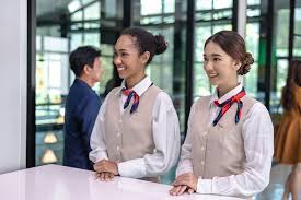 Two friendly female airport ground staffs in airline uniforms standing at  airport check in counter,airline workers working at airport,smiling airline  ground workers at check in desk, aviation business