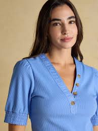 Tabitha Blue Ribbed V Neck Top With Puff Sleeves