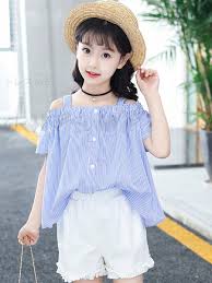 Doresuwe Cute Korean Style Off Neck Striped T Shirt Plain Ruffled Hem Pants Children S Clothes Kids Fashion Girls Summer Clothes 2 Piece Set 13298246 Girls Clothes Doresuwe Com