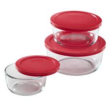 Food, fruit, butter etc key words: Pyrex Simply Store 6 Piece Round Glass Storage Set With Red Lids 1075458 The Home Depot