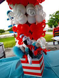 The Cat In The Hat Themed Party Decoration With Balloon Sculpture Characters Seuss Party Decorations Dr Seuss Party Decorations Dr Seuss Balloon Decorations