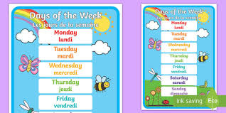 The seven days of the week. Days Of The Week A4 Display Poster English French