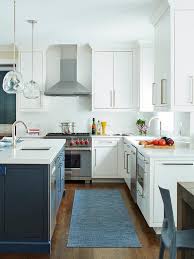 Click on the menu item at right to learn more about katana construction, door styles, colors. White Kitchen With Blue Island Transitional Kitchen