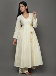 Off White Golden Angrakha Cotton Anarkali Suit Set Of 3 Anarkali Dress Pattern Cotton Anarkali Indian Designer Outfits