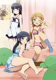 3girls :o aragaki ayase bare legs bare shoulders barefoot bedroom  black hair blue eyes blush bra chemise feet female female only full body  gokou ruri hair ornament hairclip hand