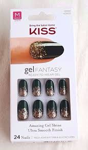 kiss gel fantasy 24 gel nails painted veil 60665 dark green gold glitter ebay kiss gel nails kiss glue on nails gold gel nails