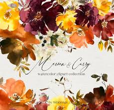 Maroon Curry Watercolor Floral Clipart Brown Burgundy Orange Etsy In 2020 Floral Watercolor Clip Art Poster Wall Art