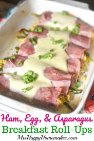 Ham Egg Asparagus Breakfast Rollups With Dijon Swiss Cheese Sauce Asparagus Breakfast Breakfast Rolls Ham Breakfast