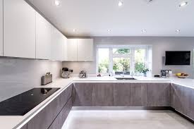 This Beautiful Kitchen In Bushey Comprises Of Grey Concrete Effect Base Units And White High Gloss Interior Design Kitchen Condo Kitchen Modern Kitchen Design