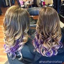 Natural Brown To Platinum Balayage Ombre With Violet Highlights Medium Length Hair Curled Hair Pu Purple Highlights Brown Hair Hair Styles Curled Hairstyles