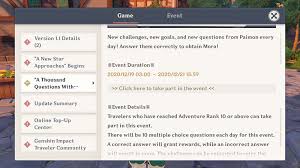Don't miss it if you want a chance to win mora! A Thousand Questions With Paimon Quiz Event Genshin Impact 1gamerdash