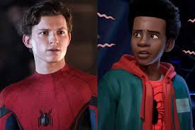 Producers phil lord, chris miller, and their animation team have the characters move through panels like on a page, complete with captions, narration, and onomatopoeic sound effects. Tom Holland Met Miles Morales In Cut Spider Man Into The Spider Verse Cameo Vanity Fair