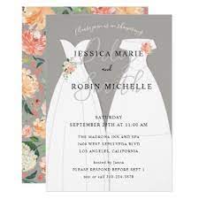 Two Brides Wedding Dress Lesbians Couples Shower Invitation Zazzle Com Bridal Shower Invitation Wording Wedding Bridal Shower Invitations Couples Shower Invitations