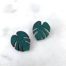 Gold Monstera Leaf Stud Earrings Tropical Plant Earrings Monstera Leaf Stud Earrings Monstera Leaf Wood Earrings Stud Painted Earrings
