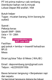 Hingga kini pengumuman rekrutmen cpns maupun dan pppk (pegawai pemerintah dengan perjanjian kerja) belum pasti. Lowongan Kerja Helper Pt Inti Prima Makmur Rembang Lowongan Rembang