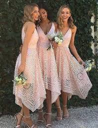 A Line Spaghetti Straps Asymmetrical Pink Lace Bridesmaid Dress Bridesmaid Dresses Bridesmaid Lace Bridesmaids