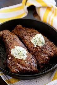 Skillet Steaks With Gorgonzola Herb Butter Recipe How To Cook Steak Skillet Steak Strip Steak Recipe