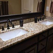 D bath vanity in sea glass with granite vanity top in grey with white sink. Could Be Ok Bathrooms Santa Cecilia Granite Countertops Bathroom Vanity Granite Vanity Bathroom Countertops Granite Bathroom Countertops Custom Bathroom