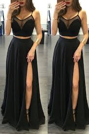 2 Pieces Simple Prom Dresses Spaghetti Straps Black Prom Dresses Two Pieces Front Split Prom Evening Gowns Fashion Woman Dresses Black Long Evening Dresses Chea Moda Estilo Vestidos Moda