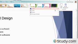 To change the background, click on the background styles icon, or for more control, click on the expand icon in the background group (or choose the format background … option in the background styles dialog box). How To Modify Your Powerpoint Presentation S Theme And Background Video Lesson Transcript Study Com