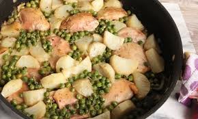 One Pan Roasted Chicken With Potatoes And Peas Recipe Recipe Pea Recipes Roasted Chicken And Potatoes Poultry Recipes