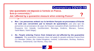 Une quarantaine de 10 jours est obligatoire pour les voyageurs qui ont séjourné dans un état ou une zone à risque. Ambassade De France En Irlande Covid19 English Version Below Une Quarantaine Est Imposee A L Arrivee En France Suis Je Concerne E Non Le Conseil Des Ministres A Approuve Le 2 Mai