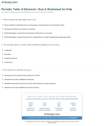 Periodic Table Of Elements Quiz Worksheet For Kids