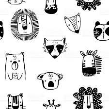 Seamless Childish Pattern With Cute Ink Drawn Animals In Black And Animal Drawings Animal Illustration Kids Scandinavian Kids